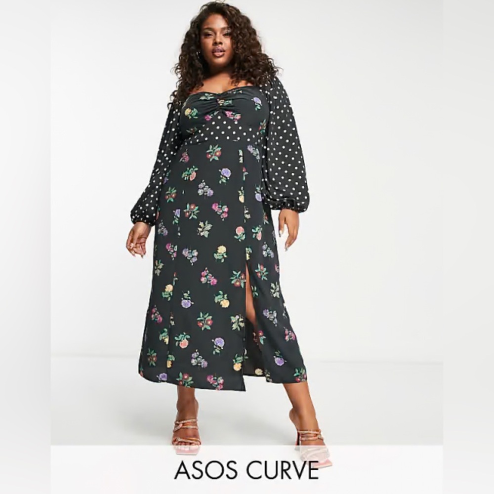 ASOS DESIGN Curve long sleeve midi dress in mixed floral spot print